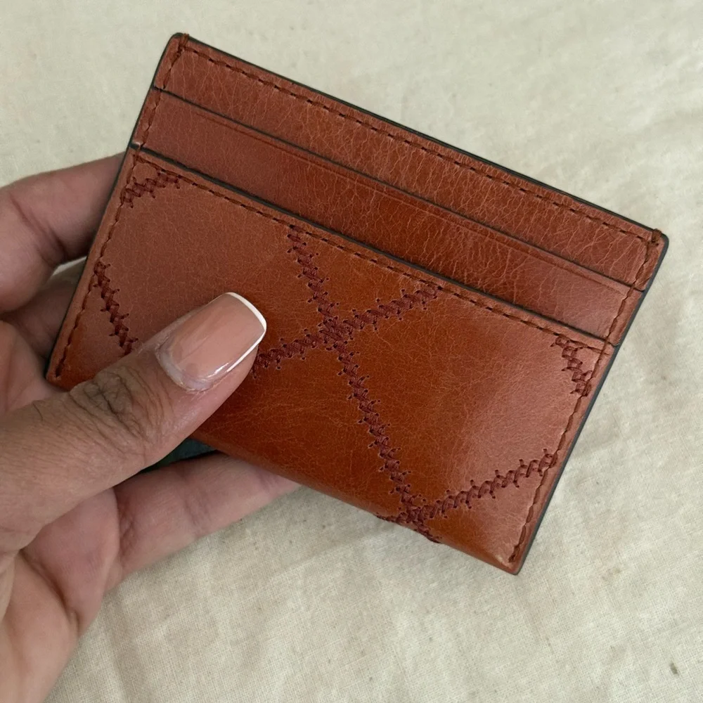 Tory Burch Tan Leather Card Case with Gold Emblem